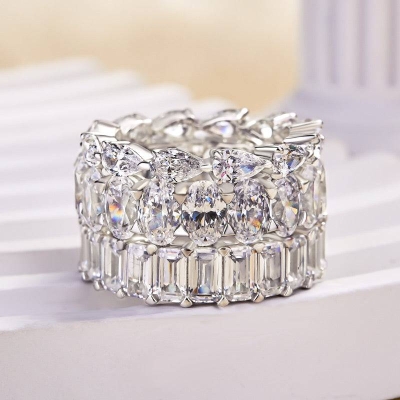 Luxurious 3PC Simulated Diamond Wedding Band For Women In Sterling Silver