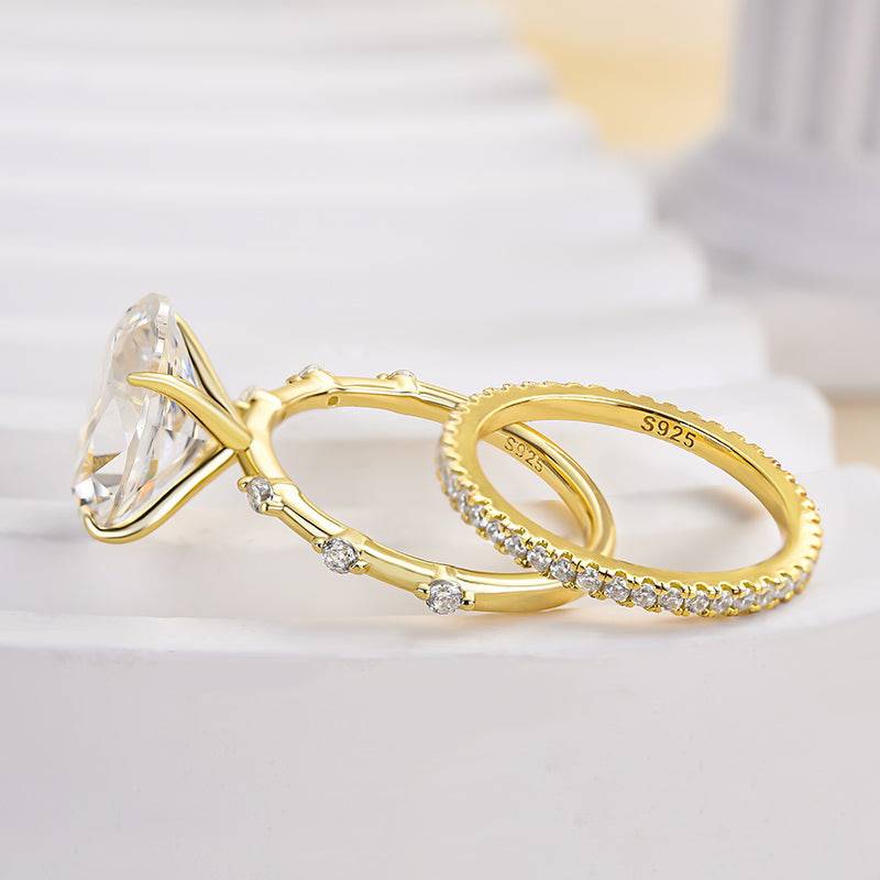 Bright Yellow Gold Oval Cut Wedding Ring Set In Sterling Silver