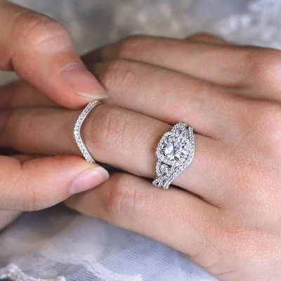 Round Cut White Sapphire 925 Sterling Silver Twisted Halo 3-Piece Bridal Set