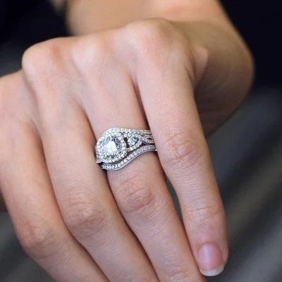 Round Cut White Sapphire 925 Sterling Silver Twisted Halo 3-Piece Bridal Set