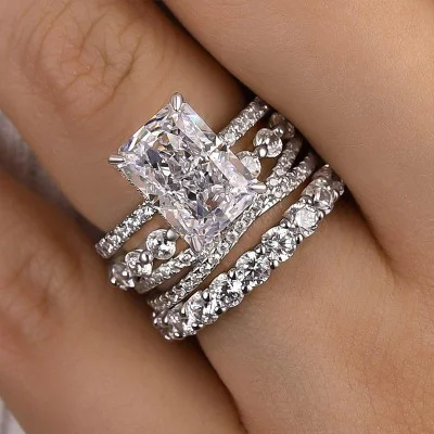 Exquisite Crushed Ice Radiant Cut 4-Piece Wedding Ring Set