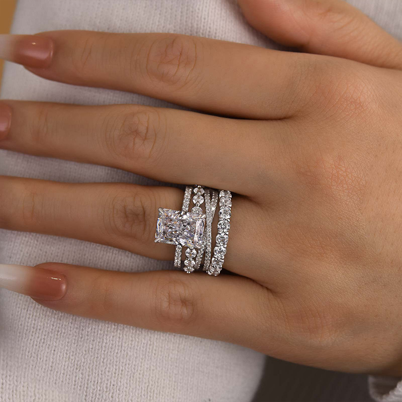 Excellent Crushed Ice Radiant Cut 4PC Wedding Ring Set