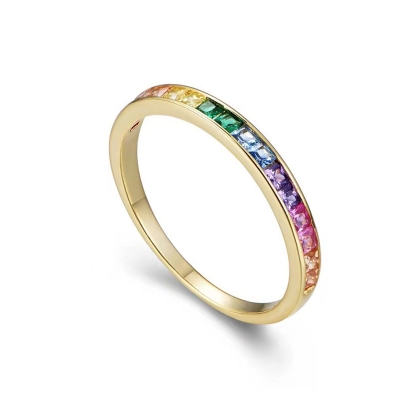 Rainbow Color Princess Cut Sterling Silver Wedding Band