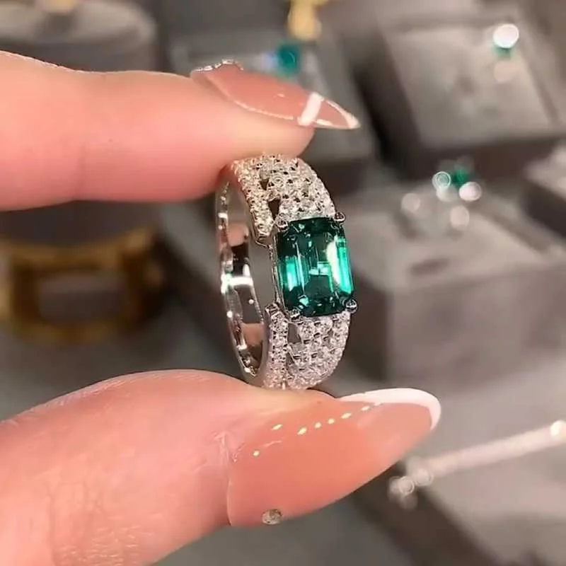 1CT 8*10mm Emerald Cut Sona Simulated Diamonds Wedding Bands In Sterling Silver