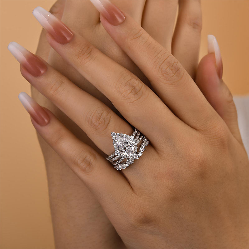 Gorgeous Halo Pear Cut 3PC Bridal Ring Set