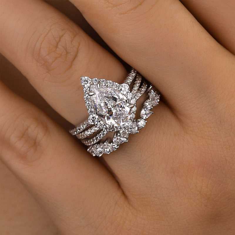 Gorgeous Halo Pear Cut 3PC Bridal Ring Set