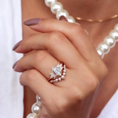 Emerald Cut Diamond / Lab Diamond Wedding Two Ring Set