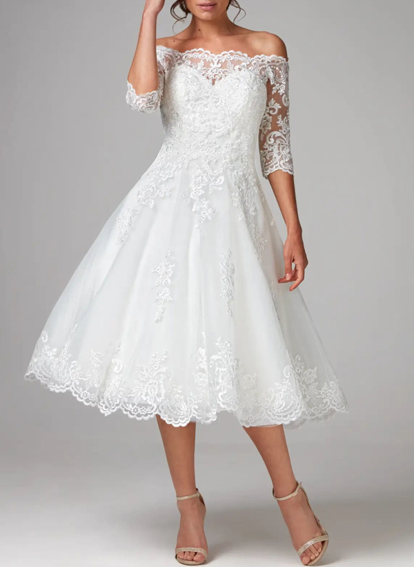 A-Line Off-The-Shoulder 1/2 Sleeves Tea-Length Lace Wedding Dresses