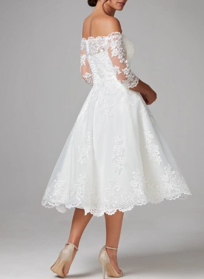 A-Line Off-The-Shoulder 1/2 Sleeves Tea-Length Lace Wedding Dresses