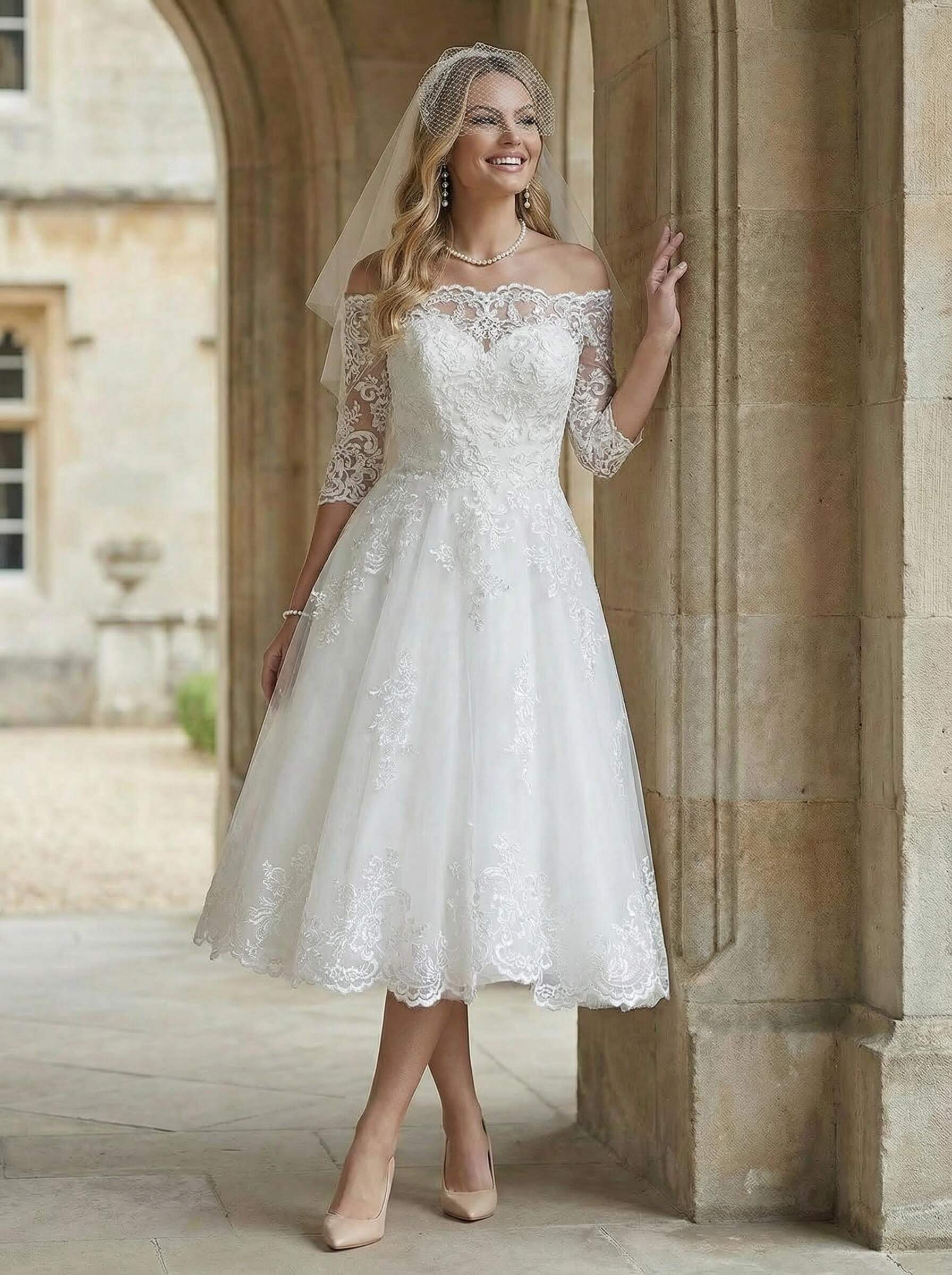 A-Line Off-The-Shoulder 1/2 Sleeves Tea-Length Lace Wedding Dresses