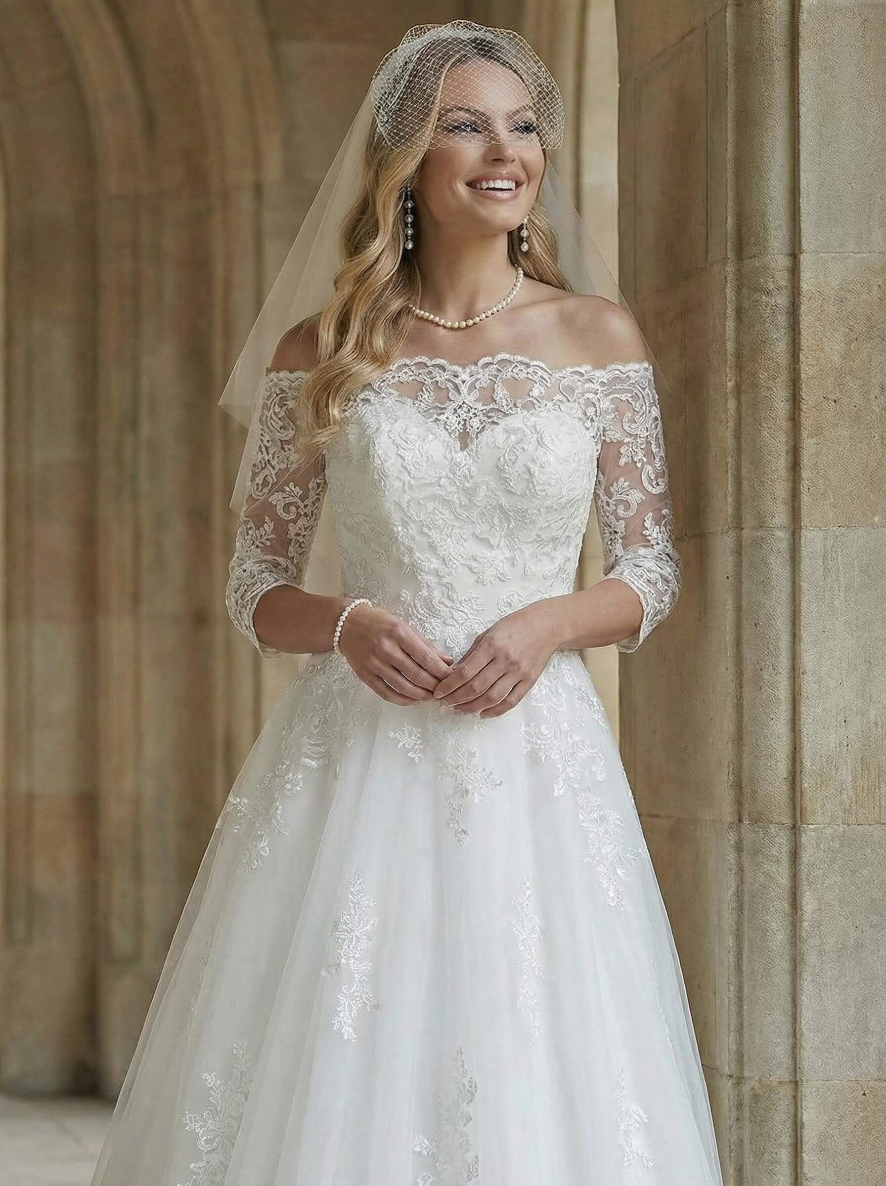 A-Line Off-The-Shoulder 1/2 Sleeves Tea-Length Lace Wedding Dresses