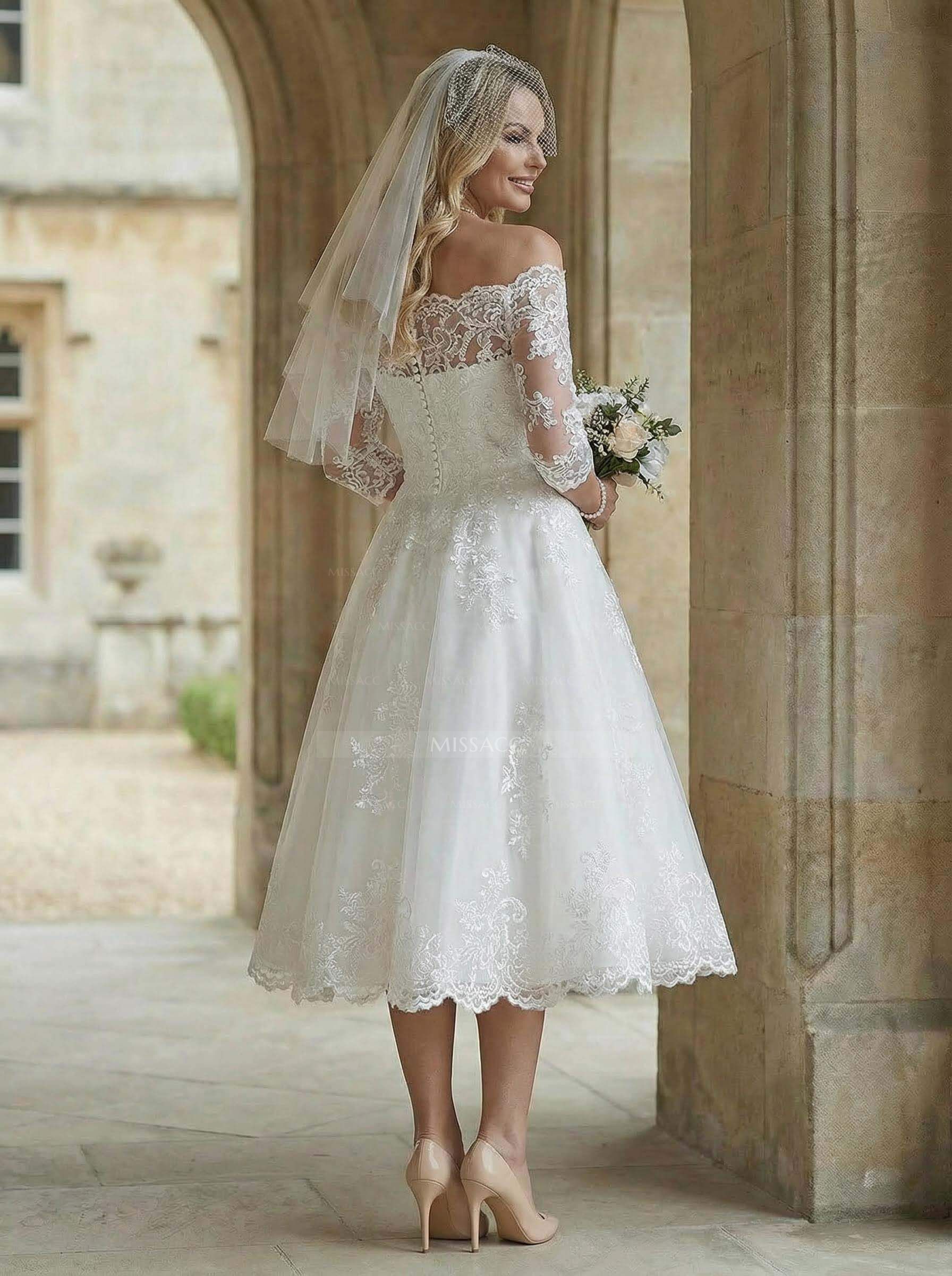 A-Line Off-The-Shoulder 1/2 Sleeves Tea-Length Lace Wedding Dresses