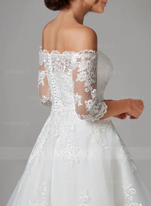 A-Line Off-The-Shoulder 1/2 Sleeves Tea-Length Lace Wedding Dresses