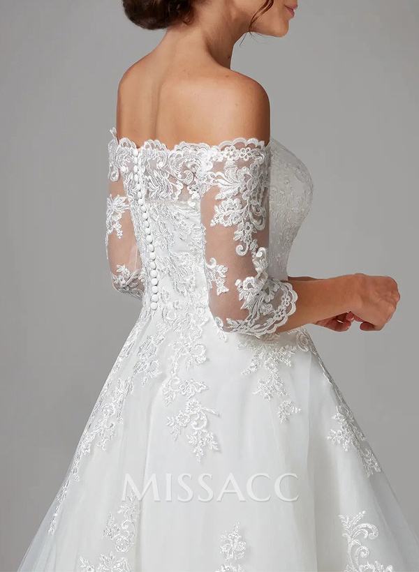 A-Line Off-The-Shoulder 1/2 Sleeves Tea-Length Lace Wedding Dresses