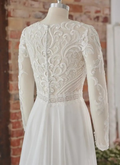 Plus Size A-Line V-Neck Court Train Chiffon Wedding Dresses With Lace/High Split