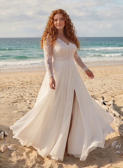 Plus Size A-Line V-Neck Court Train Chiffon Wedding Dresses With Lace/High Split