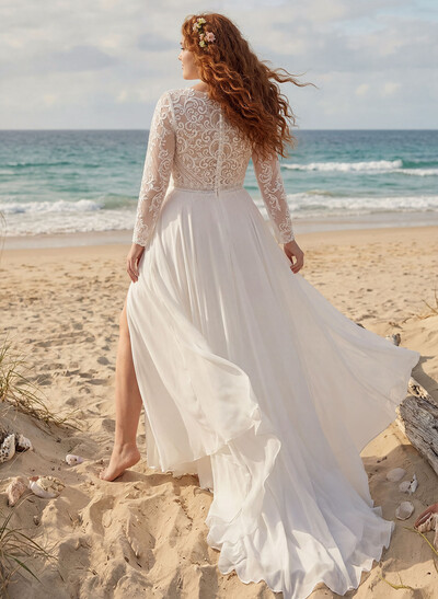 Plus Size A-Line V-Neck Court Train Chiffon Wedding Dresses With Lace/High Split