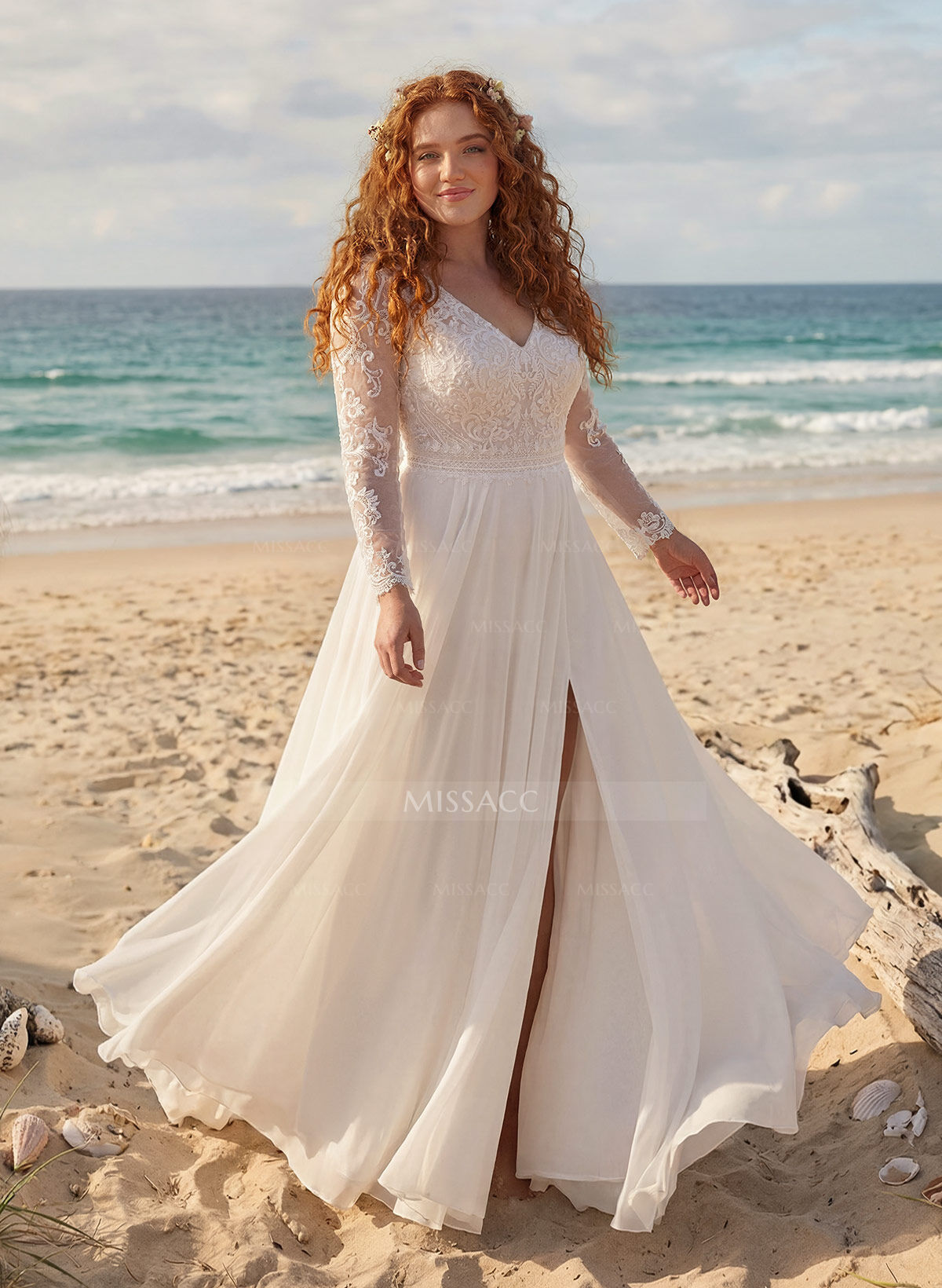 Plus Size A-Line V-Neck Court Train Chiffon Wedding Dresses With Lace/High Split