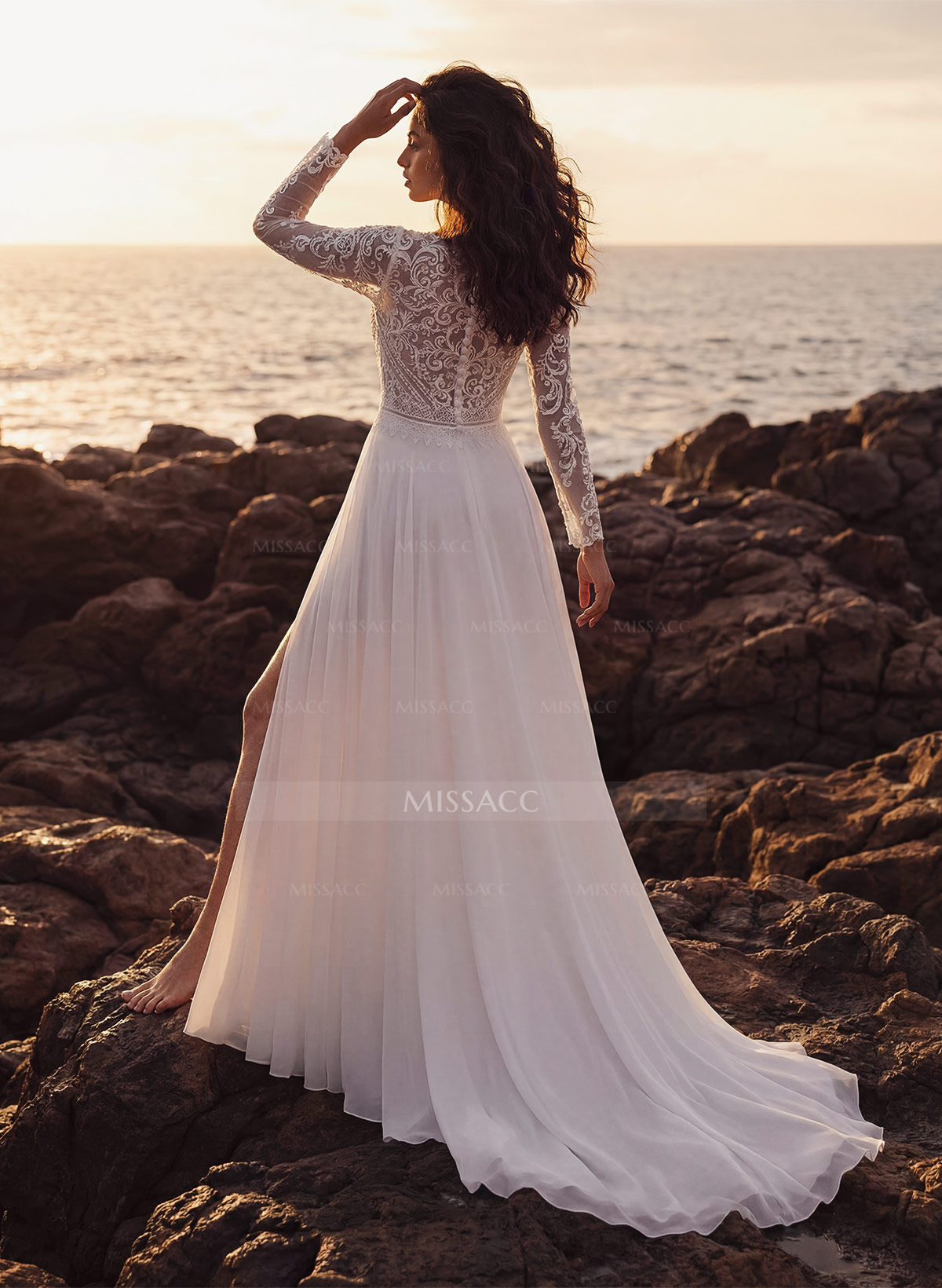 Plus Size A-Line V-Neck Court Train Chiffon Wedding Dresses With Lace/High Split