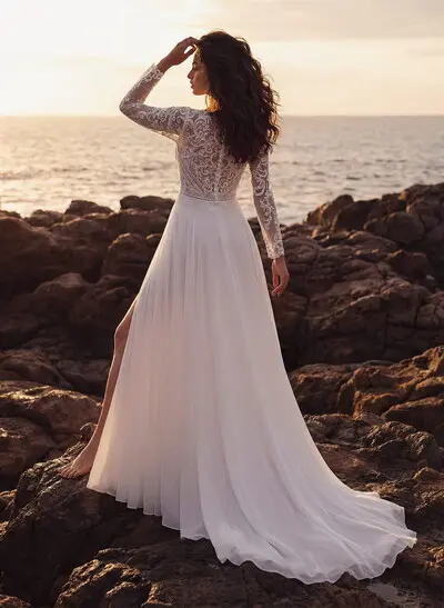 Plus Size A-Line V-Neck Court Train Chiffon Wedding Dresses With Lace/High Split