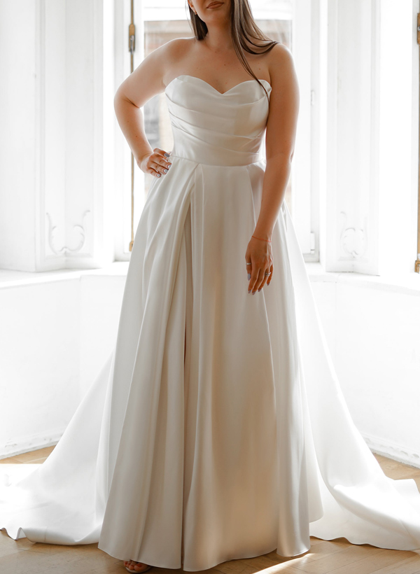 Plus Size A-Line Sweetheart Sleeveless Court Train Satin Wedding Dresses With High Split