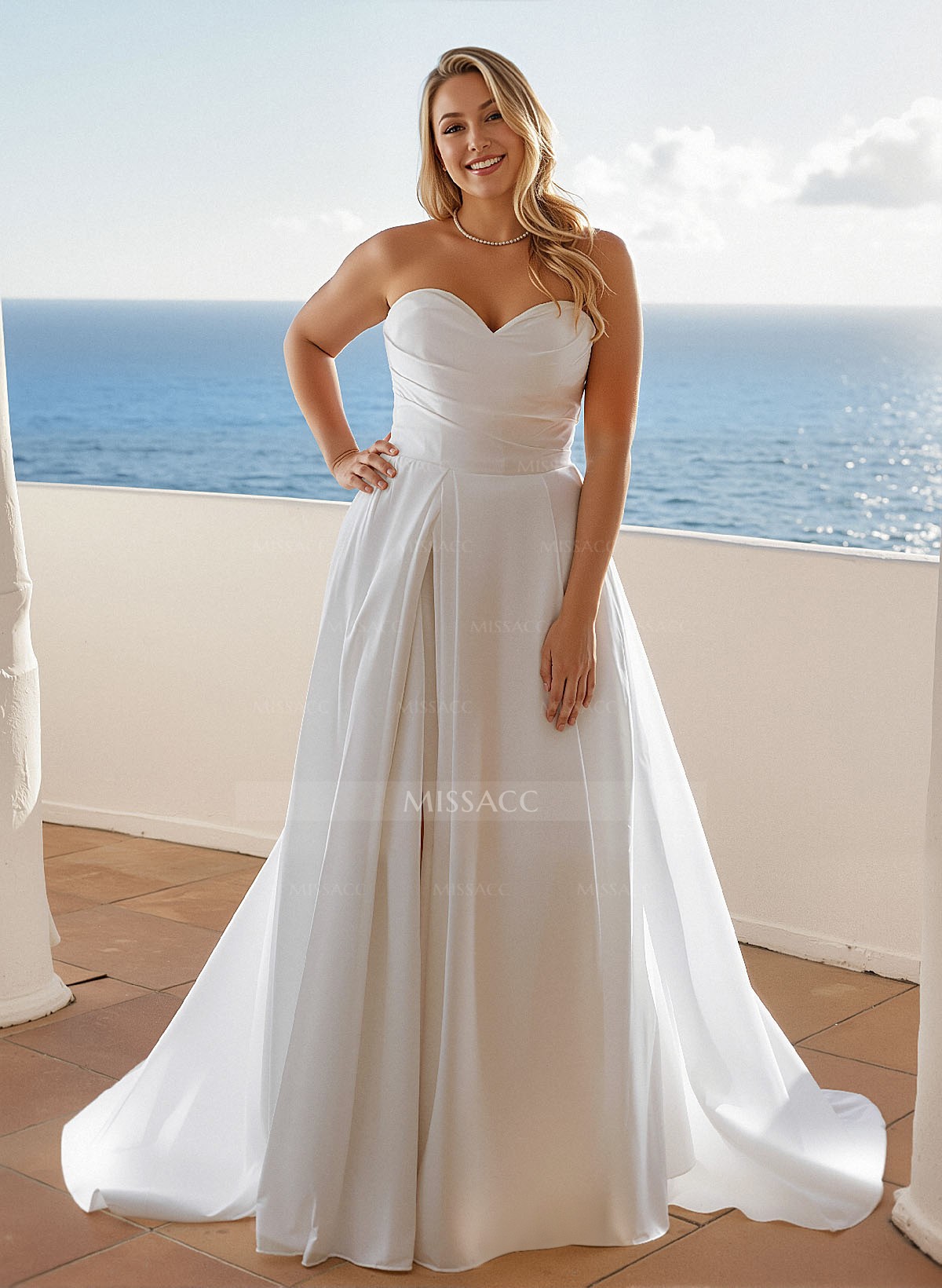 Plus Size A-Line Sweetheart Sleeveless Court Train Satin Wedding Dresses With High Split