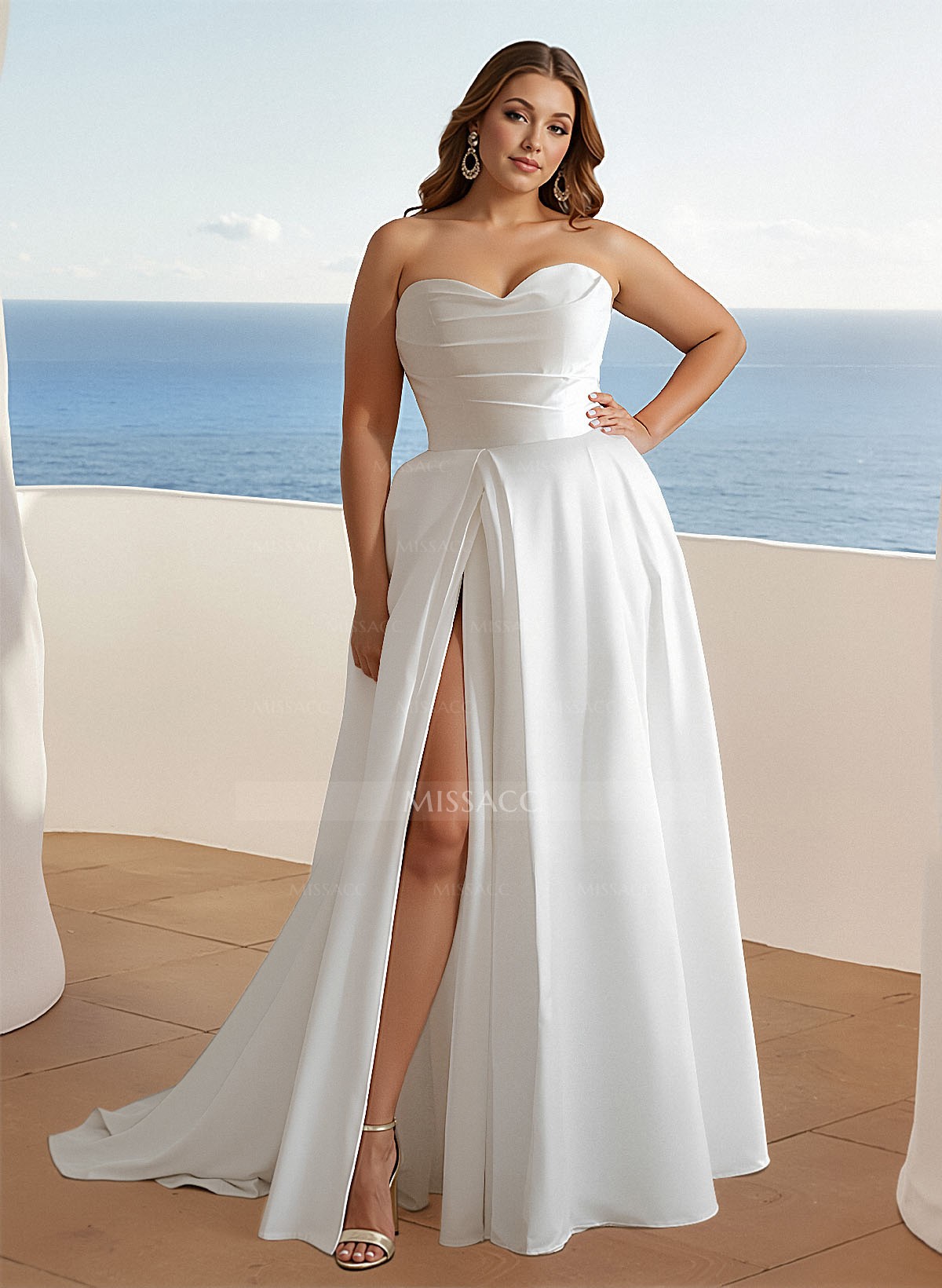 Plus Size A-Line Sweetheart Sleeveless Court Train Satin Wedding Dresses With High Split