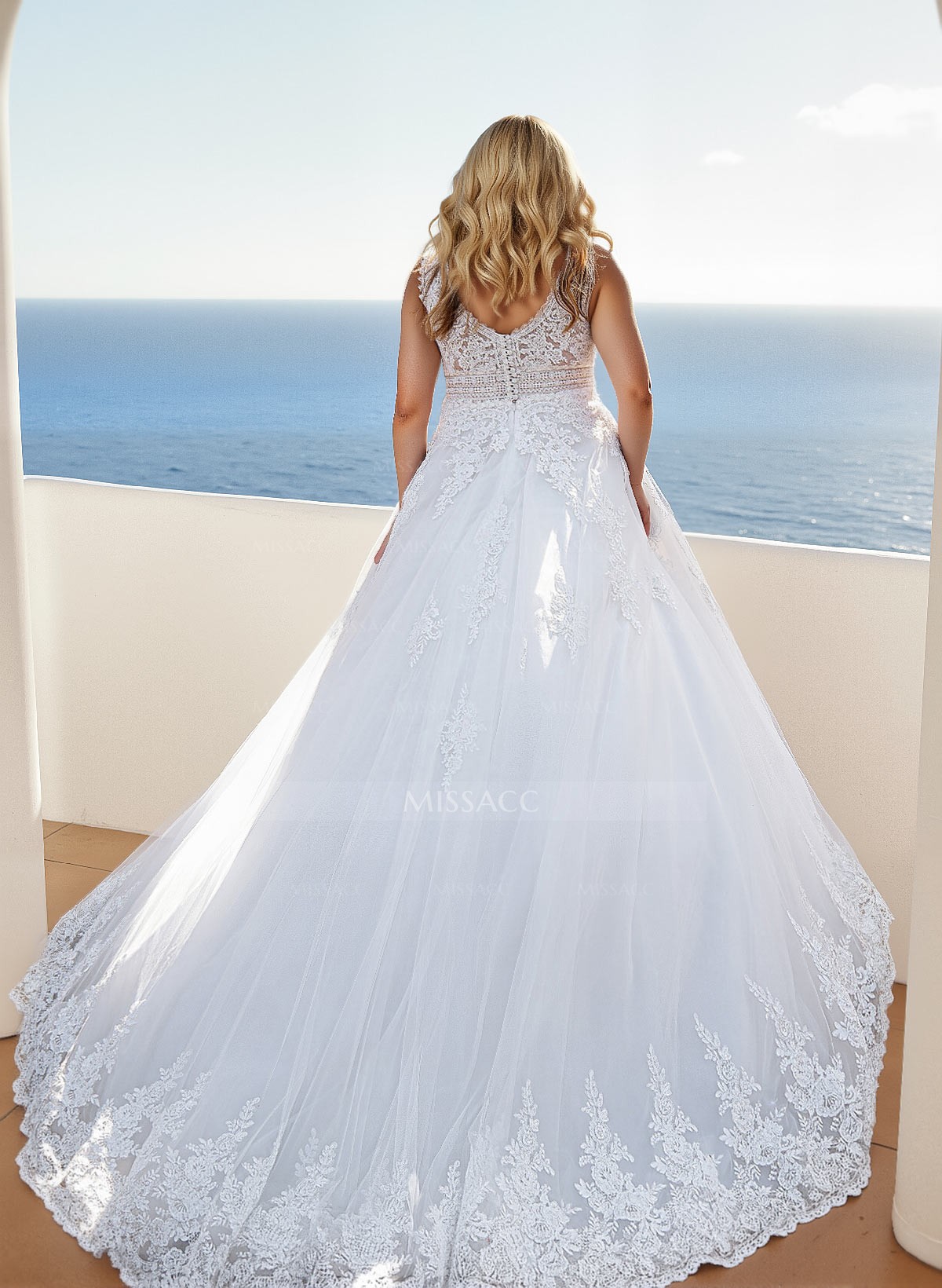Plus Size A-Line V-Neck Sleeveless Court Train Tulle Wedding Dresses With Lace