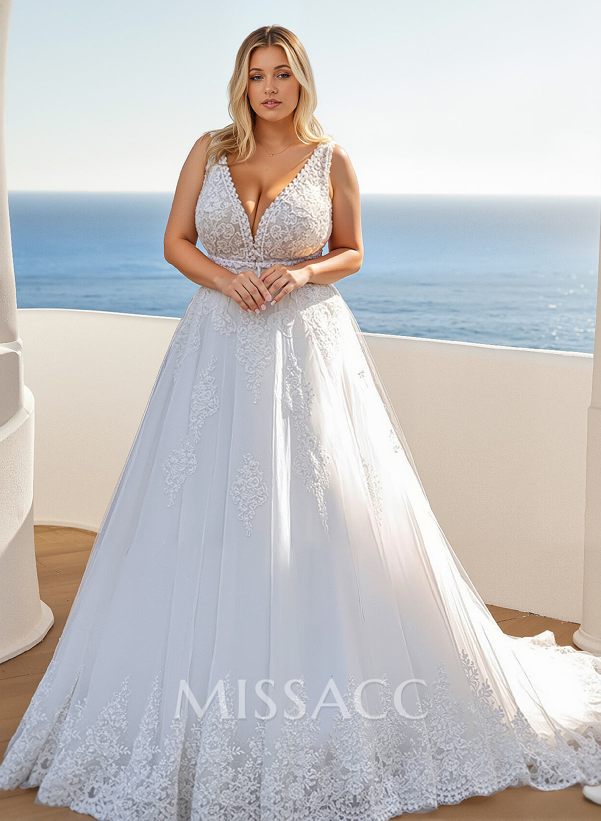 Plus Size A-Line V-Neck Sleeveless Court Train Tulle Wedding Dresses With Lace Plus Size A-Line V-Neck Sleeveless Court Train Tulle Wedding Dresses With Lace