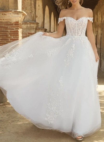 Plus Size A-Line Off-The-Shoulder Sweep Train Tulle Wedding Dresses With Lace