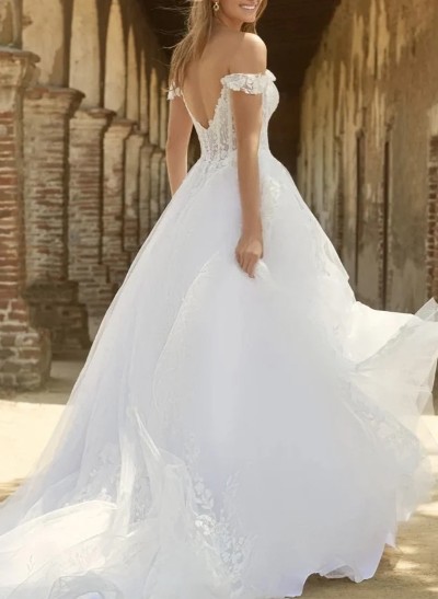 Plus Size A-Line Off-The-Shoulder Sweep Train Tulle Wedding Dresses With Lace