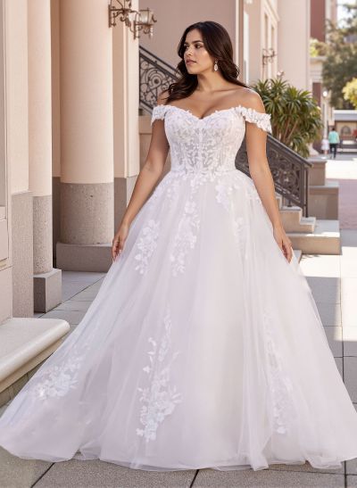 Plus Size A-Line Off-The-Shoulder Sweep Train Tulle Wedding Dresses With Lace