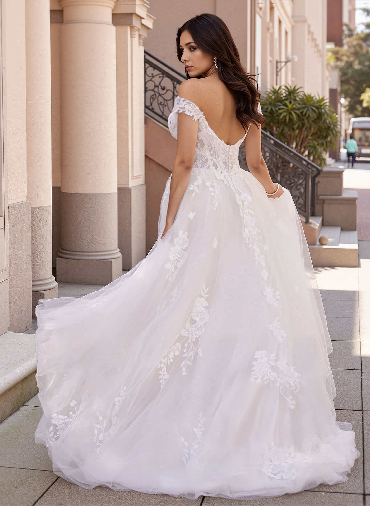 Plus Size A-Line Off-The-Shoulder Sweep Train Tulle Wedding Dresses With Lace