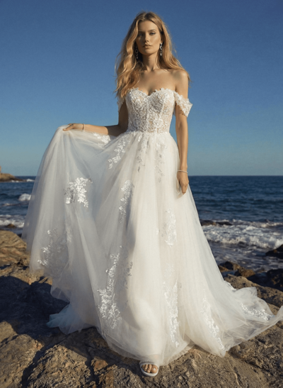 Plus Size A-Line Off-The-Shoulder Sweep Train Tulle Wedding Dresses With Lace