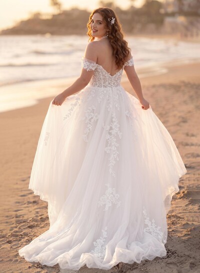Plus Size A-Line Off-The-Shoulder Sweep Train Tulle Wedding Dresses With Lace