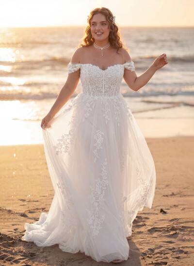 Plus Size A-Line Off-The-Shoulder Sweep Train Tulle Wedding Dresses With Lace