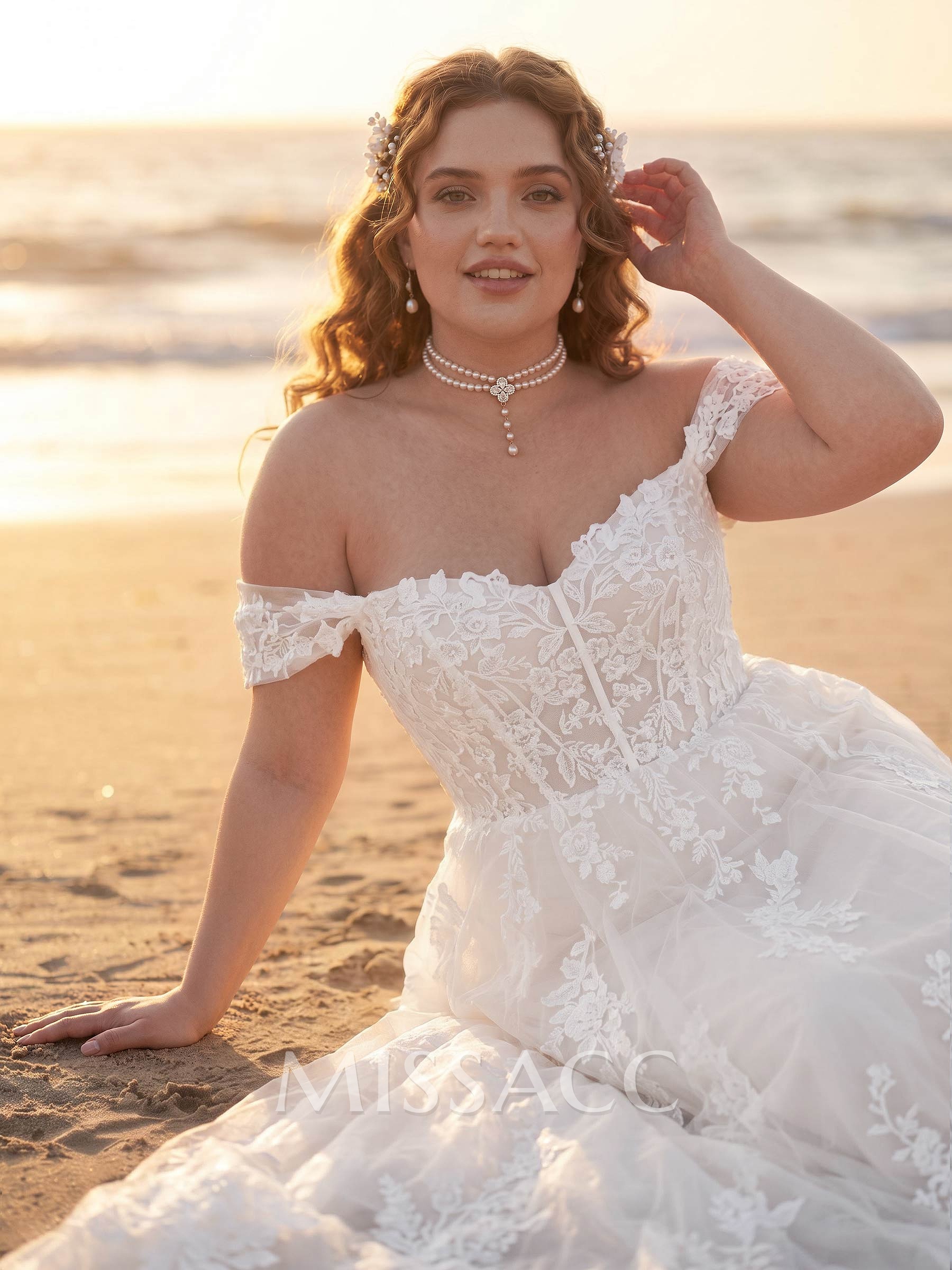 Plus Size A-Line Off-The-Shoulder Sweep Train Tulle Wedding Dresses With Lace