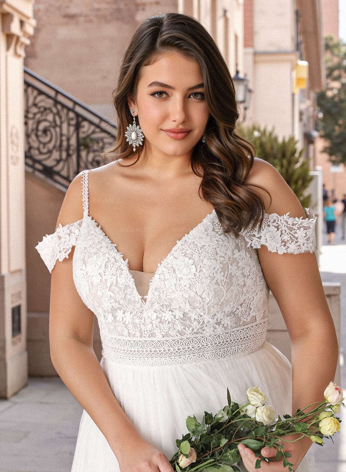 Plus Size A-Line V-Neck Sleeveless Sweep Train Tulle Wedding Dresses With Lace