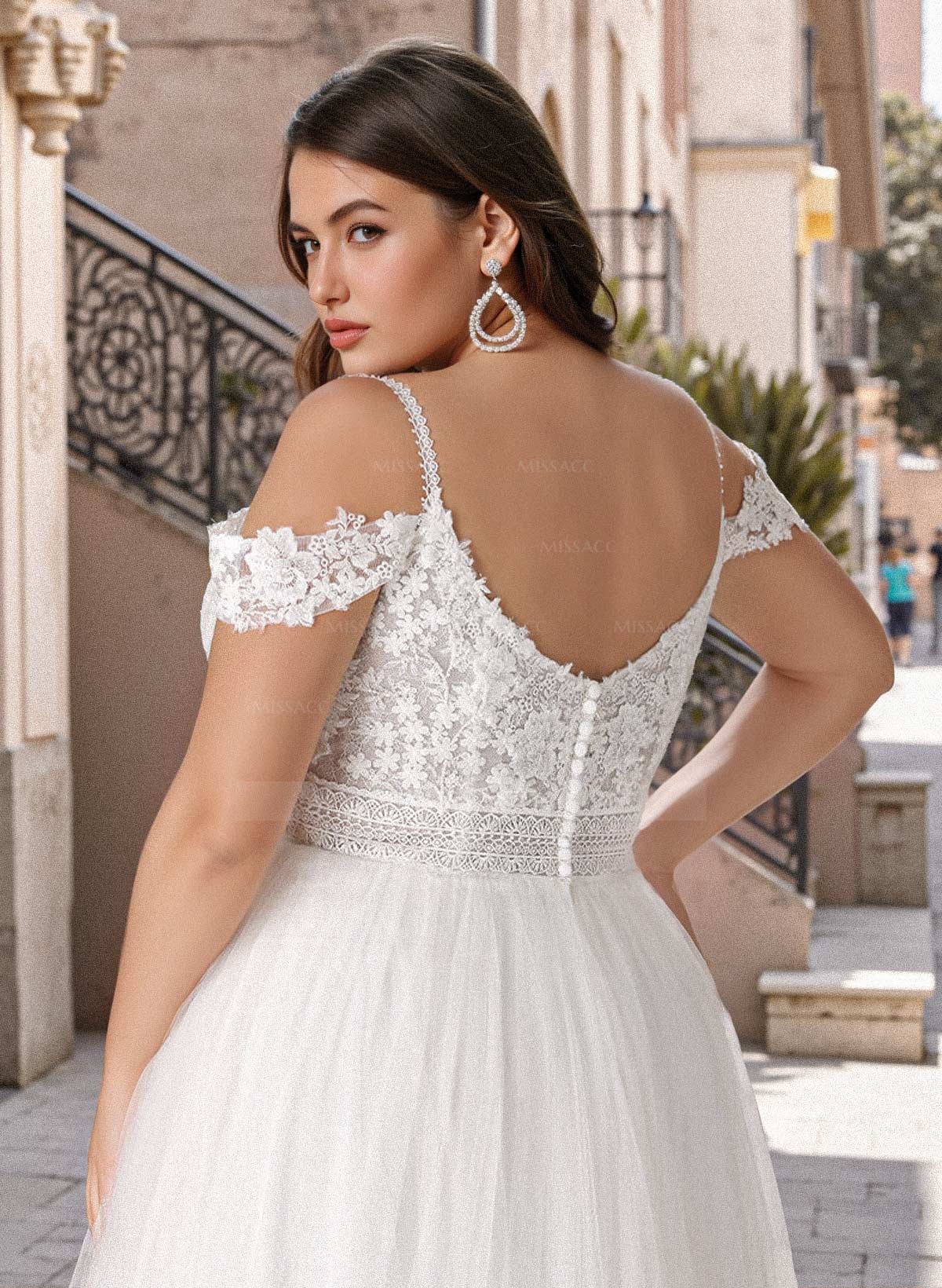 Plus Size A-Line V-Neck Sleeveless Sweep Train Tulle Wedding Dresses With Lace