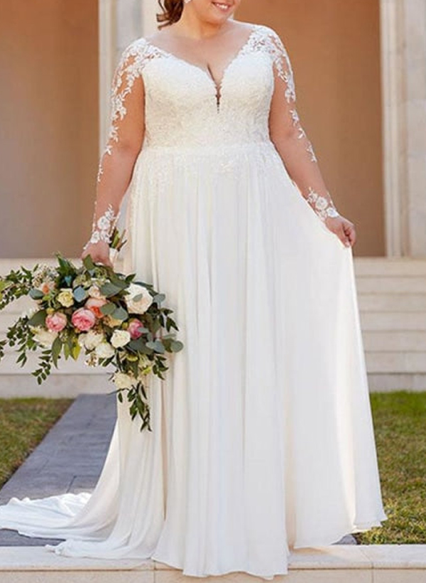 Plus Size A-Line V-Neck Court Train Chiffon Wedding Dresses With Lace