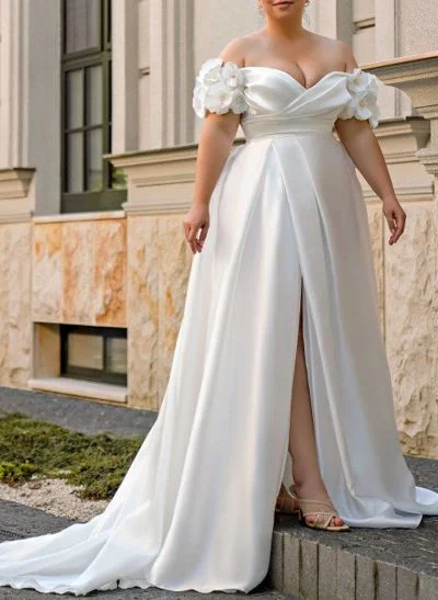 Plus Size A-Line Off-The-Shoulder Court Train Satin Wedding Dresses With Flower(s)