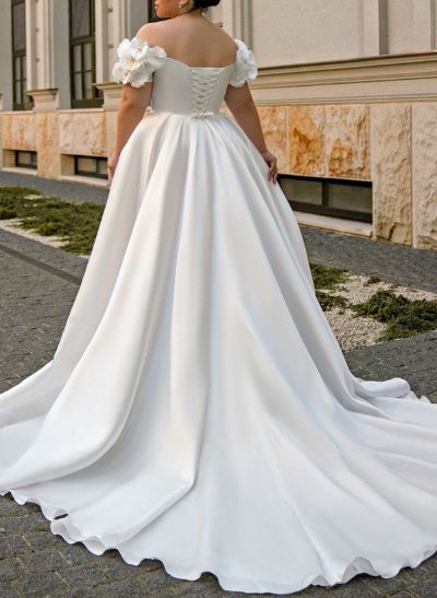 Plus Size A-Line Off-The-Shoulder Court Train Satin Wedding Dresses With Flower(s)