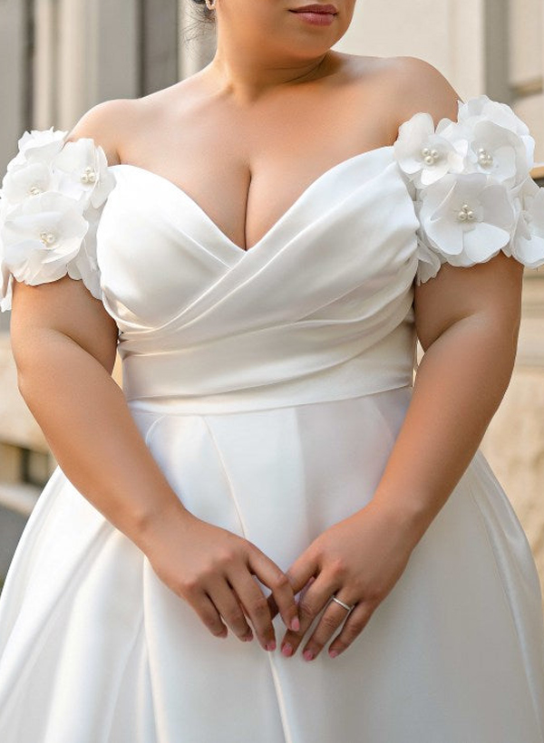 Plus Size A-Line Off-The-Shoulder Court Train Satin Wedding Dresses With Flower(s)