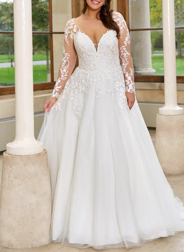 Plus Size A-Line V-Neck Long Sleeves Court Train Tulle Wedding Dresses With Lace