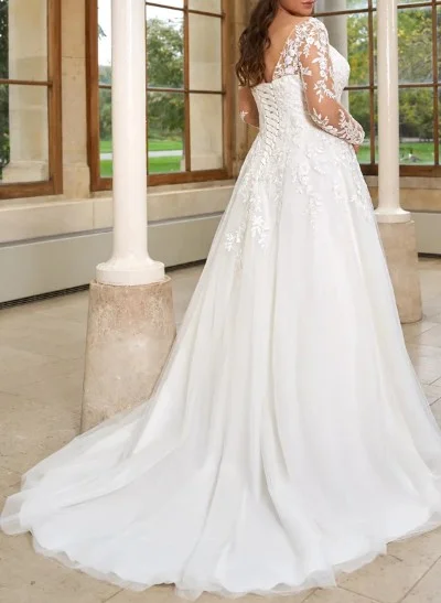Plus Size A-Line V-Neck Long Sleeves Court Train Tulle Wedding Dresses With Lace