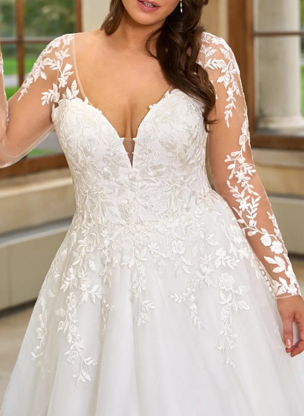 Plus Size A-Line V-Neck Long Sleeves Court Train Tulle Wedding Dresses With Lace