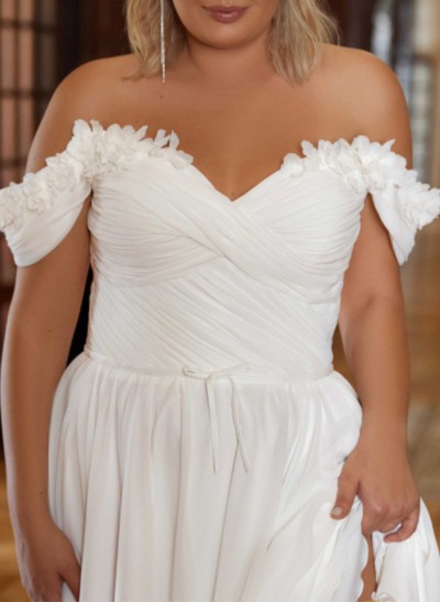 Plus Size A-Line Off-The-Shoulder Chiffon Wedding Dresses With Flower(s)