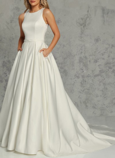 Plus Size A-Line Scoop Neck Satin Wedding Dresses With Pockets/Lace
