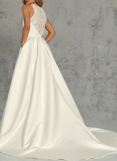 Plus Size A-Line Scoop Neck Satin Wedding Dresses With Pockets/Lace
