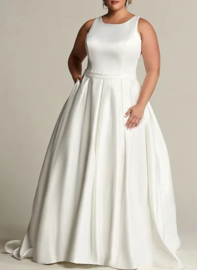 Plus Size A-Line Scoop Neck Satin Wedding Dresses With Pockets/Lace